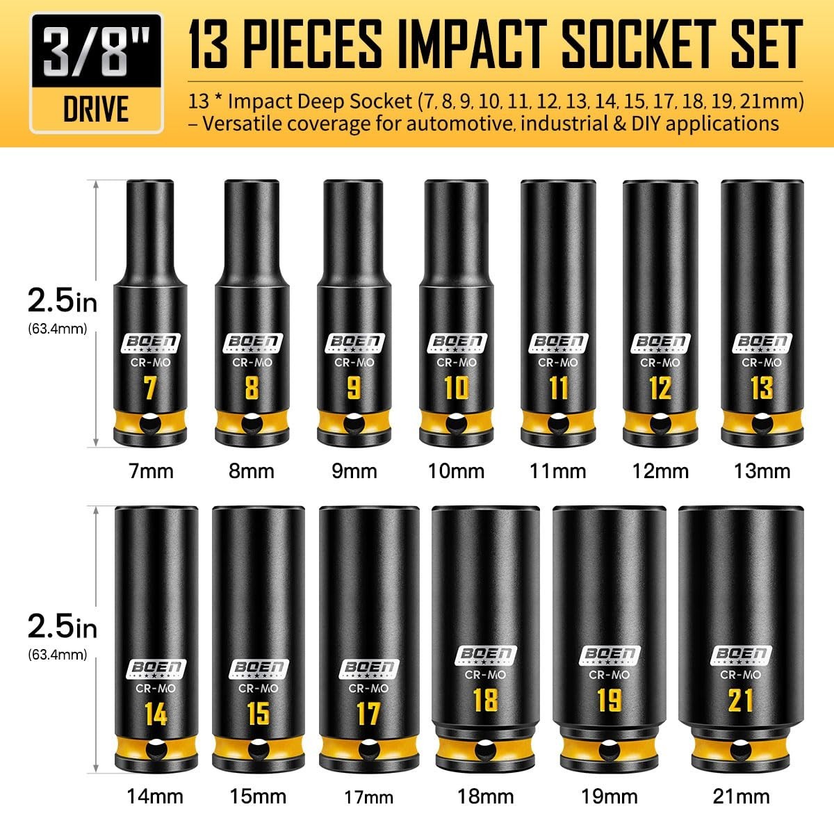 13PCS 3/8″ Drive Metric Socket Set, 7mm-21mm Impact Deep Sockets, 6-Point, CR-MO