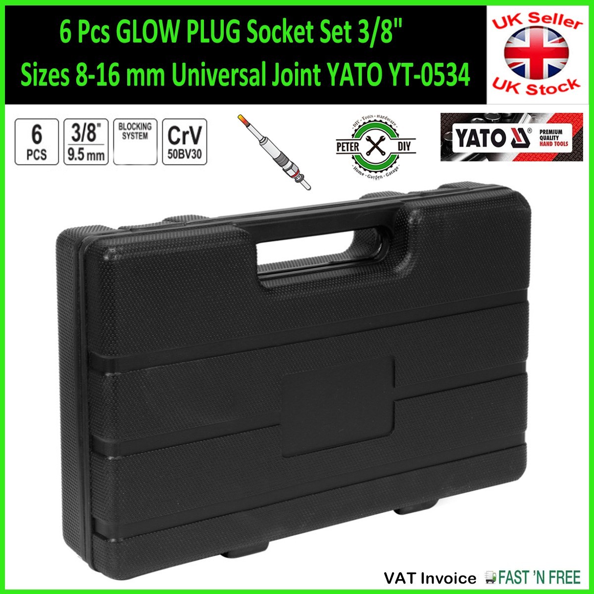 6 Pcs GLOW PLUG Socket Set 3/8″ Sizes 8-16 mm Universal Joint YATO YT-0534