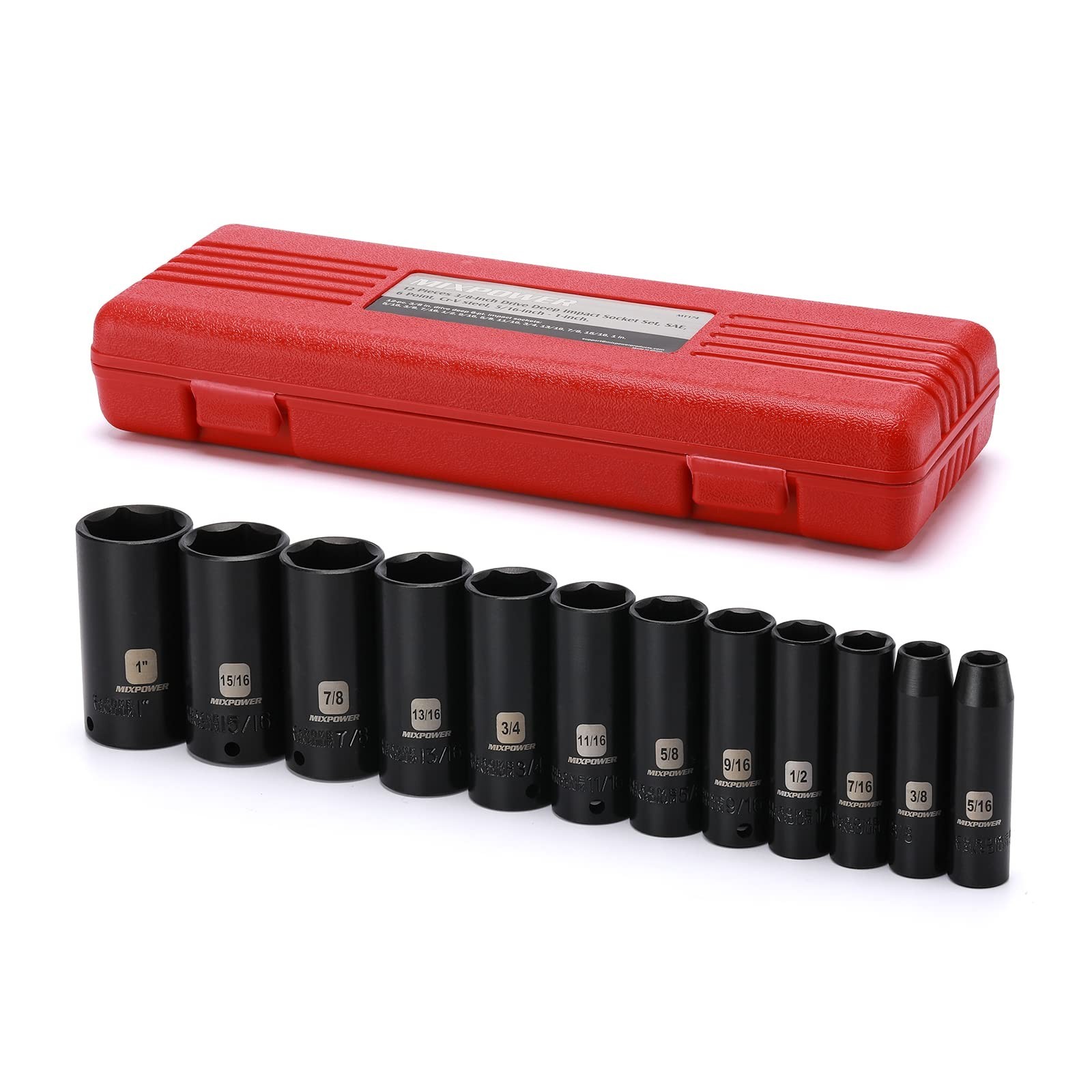 12-Piece 3/8″ Drive Deep Impact Socket Set, SAE 6-Point, CR-V, 5/16″-1″ Sizes