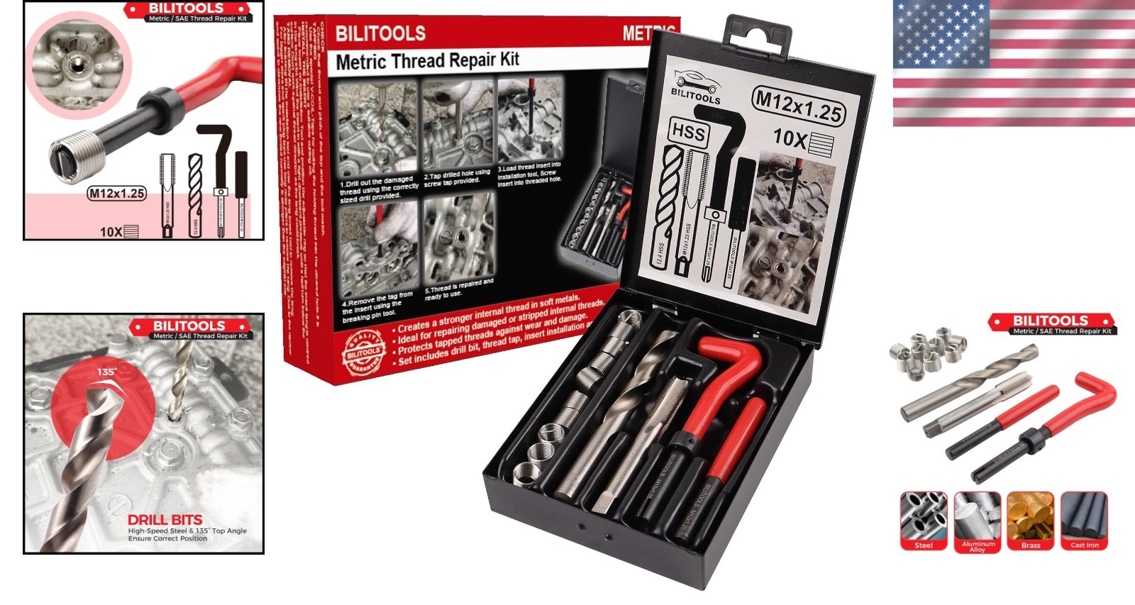 M12x1.25 Metric Thread Repair Kit with HSS Drill and Stainless Inserts – Durable