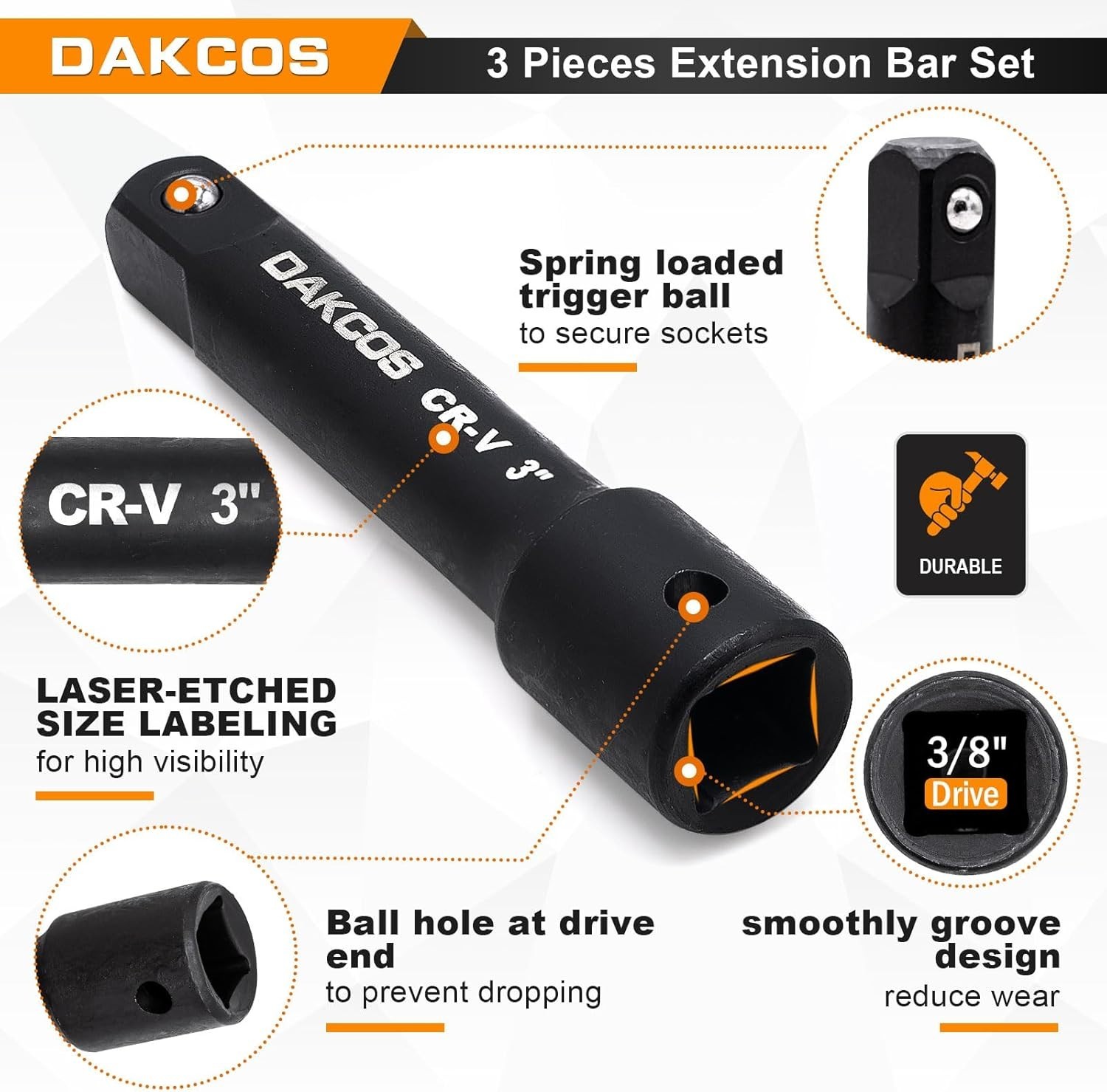 3/8-Inch Drive Impact Extension Bar Set 3 Pieces 3 6 10 Inch