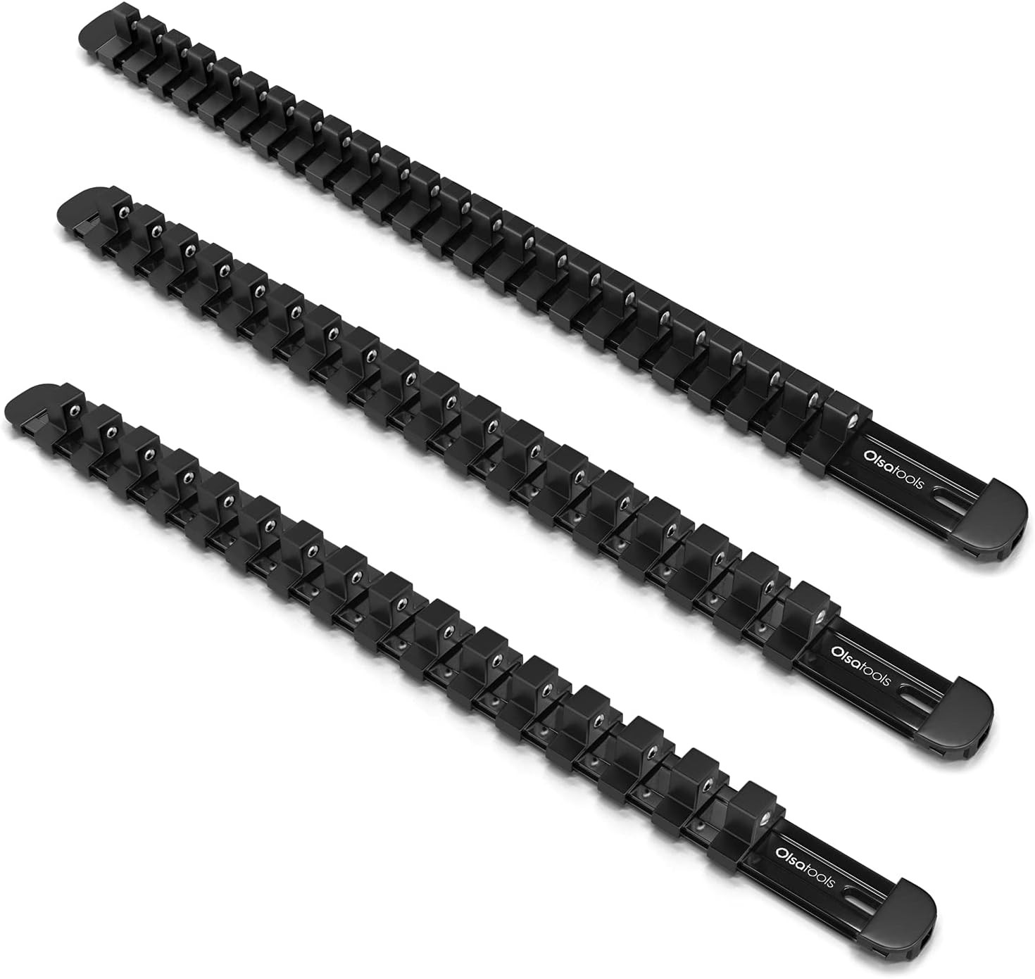 Aluminum Socket Organizer 3pc Set – Locking End Caps – 1/4-Inch Drive x 24 Clips