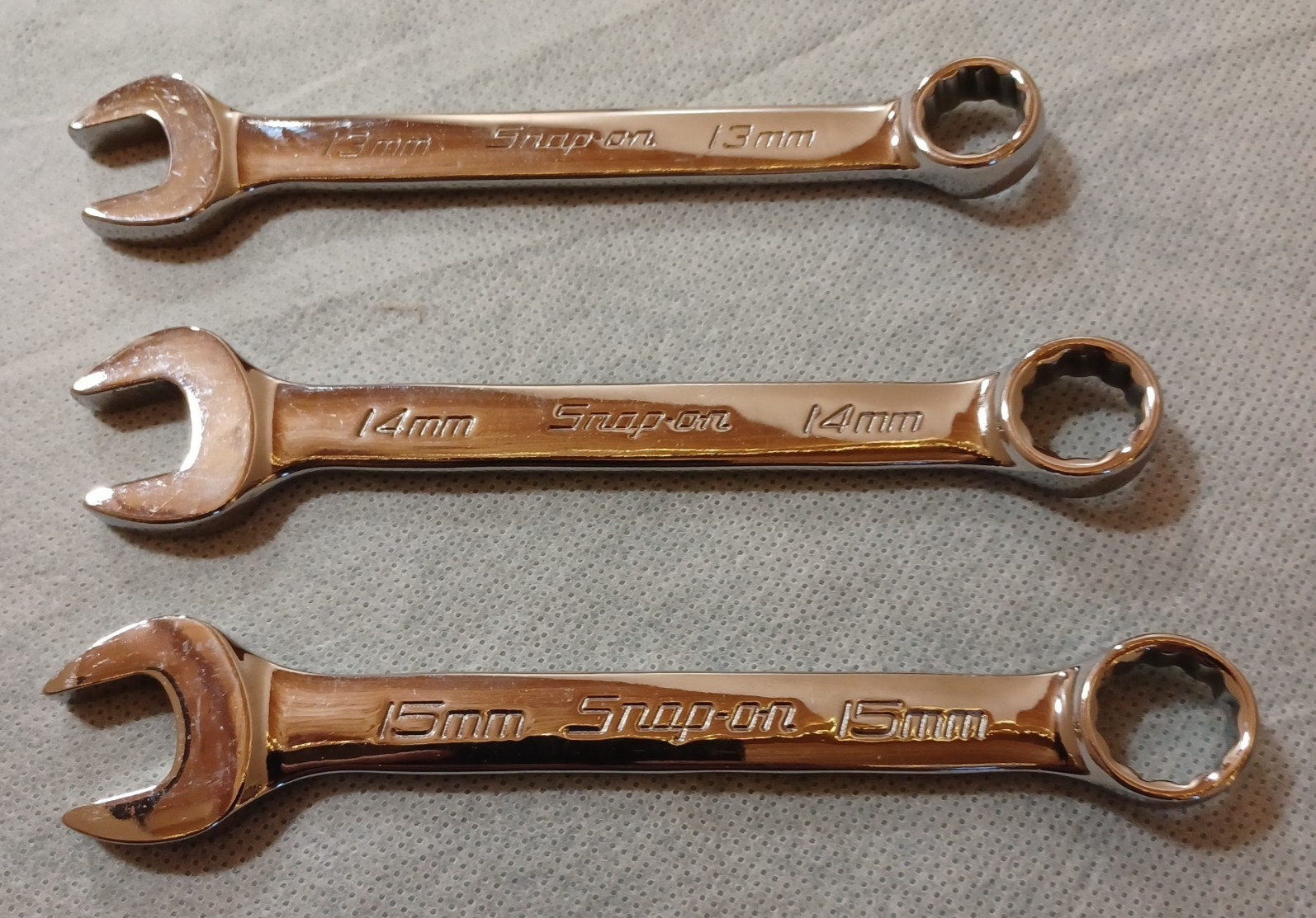 Lot Of 3 Snap-On Tools Metric Combination Wrenches 13mm 14mm & 15mm ~ Chrome