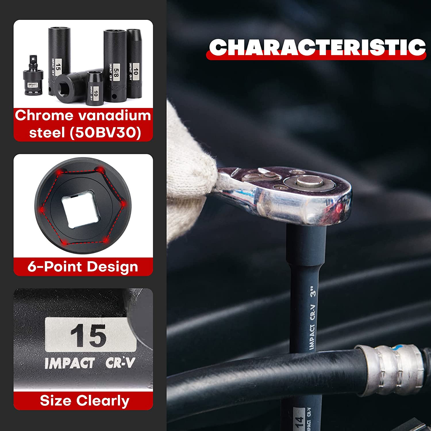 48Pcs 3/8” Drive Impact Socket Set With Case,Standard SAE & Metric,6-Point,CR-V