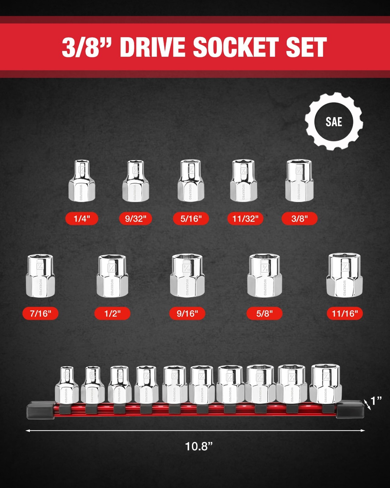 10-Piece 3/8″ Drive Socket Set – SAE CR-V, 6-Point Standard & Shallow Sockets, O