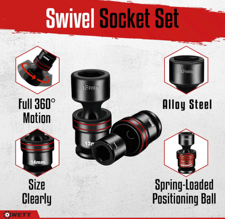 15PC 3/8″ Drive Impact Universal Joint Swivel Socket Set Metric 8-22mm