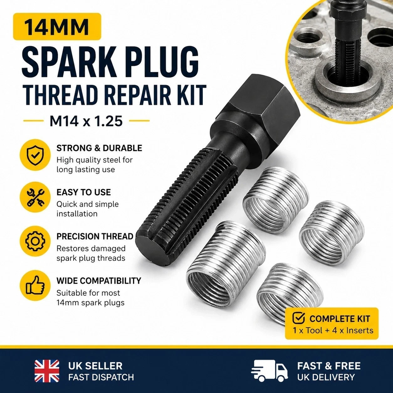 14mm Spark Plug Rethread Thread Repair Kit Helicoil Reamer Tap Tool w/ 4 Inserts