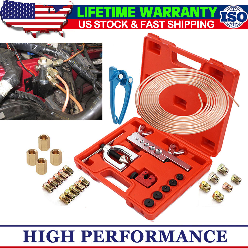 25ft 3/16 Copper Coated Brake Line Flaring Tool Tube Bender & 20 Fittings Nuts