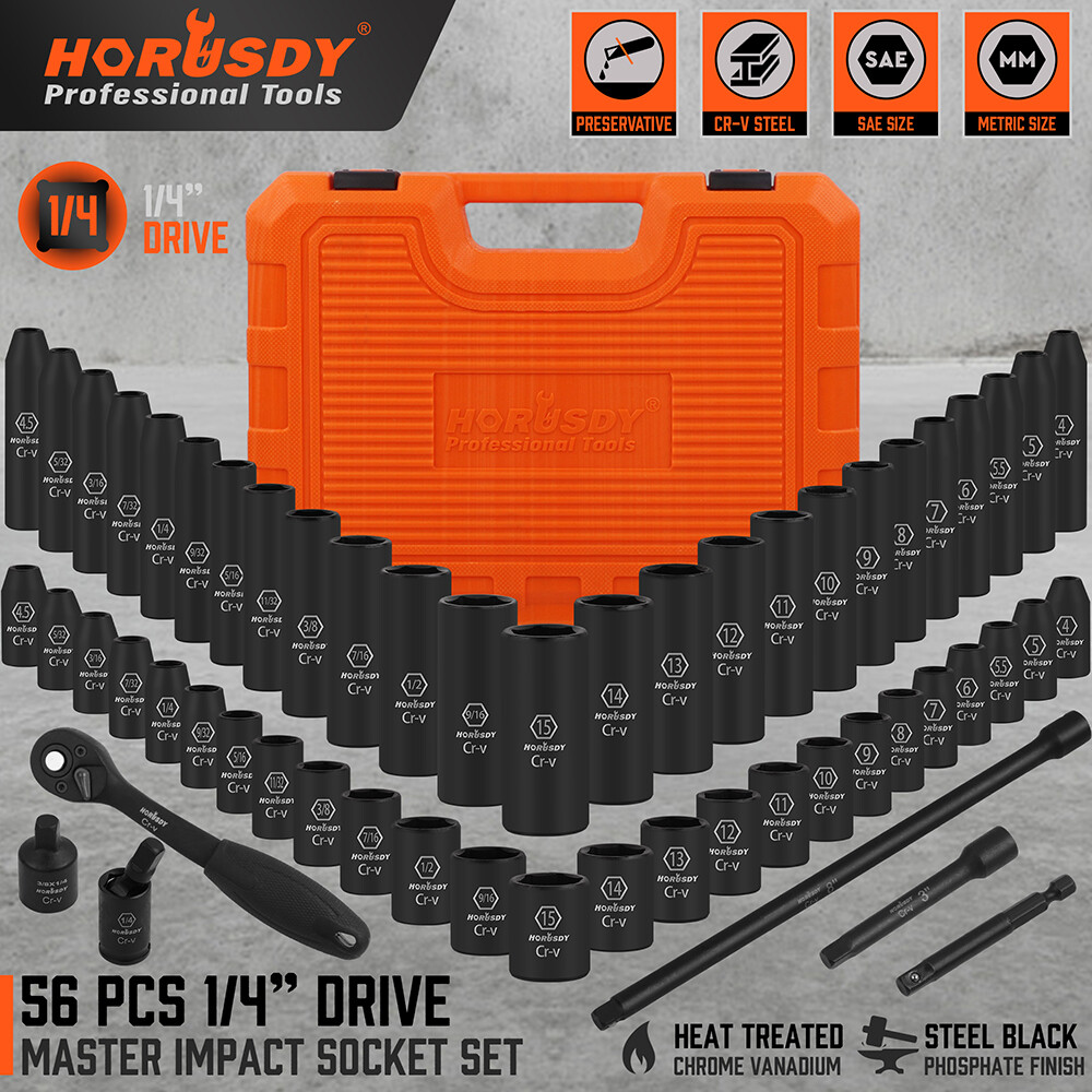 56PC 1/4″ Drive Impact Deep Socket Set Extension Bar Universal Joint SAE Metric