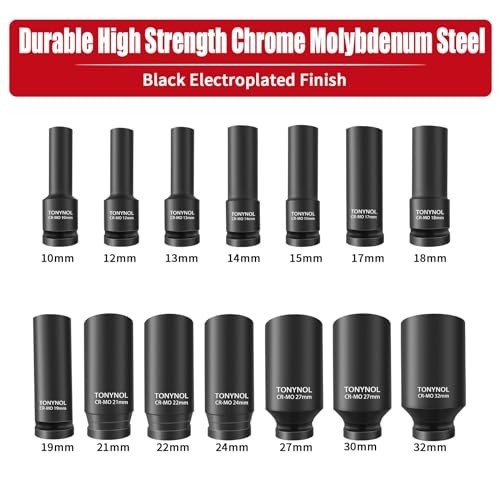 1/2″ Deep Drive Impact Socket Set 14 Pcs, 6-Point Metric (10mm-32mm), Cr-Mo Stee