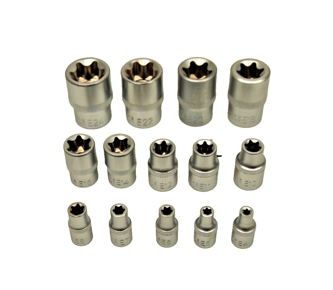 14 PC E Torx Star Female Bit Socket Set 1/2″/3/8″/1/4″ Drive E4 -E24