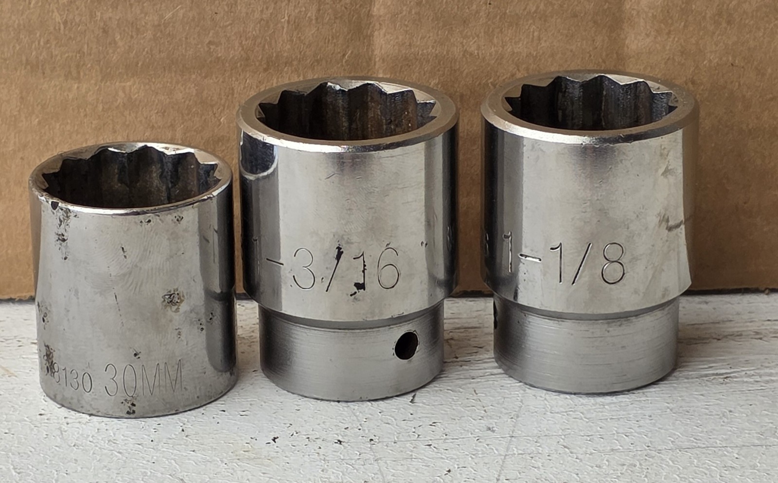 Lot Of 3 K-D Sockets U.S.A. (1-1/8″, 1-3/16″ & 30MM) 3/4″ & 1/2″ Drive, 12pt