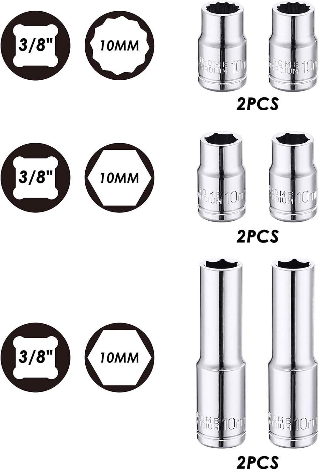 10mm Deep Shallow Socket Set 3/8″ Drive 6PCS CR-V Steel 6 Point 12 Point