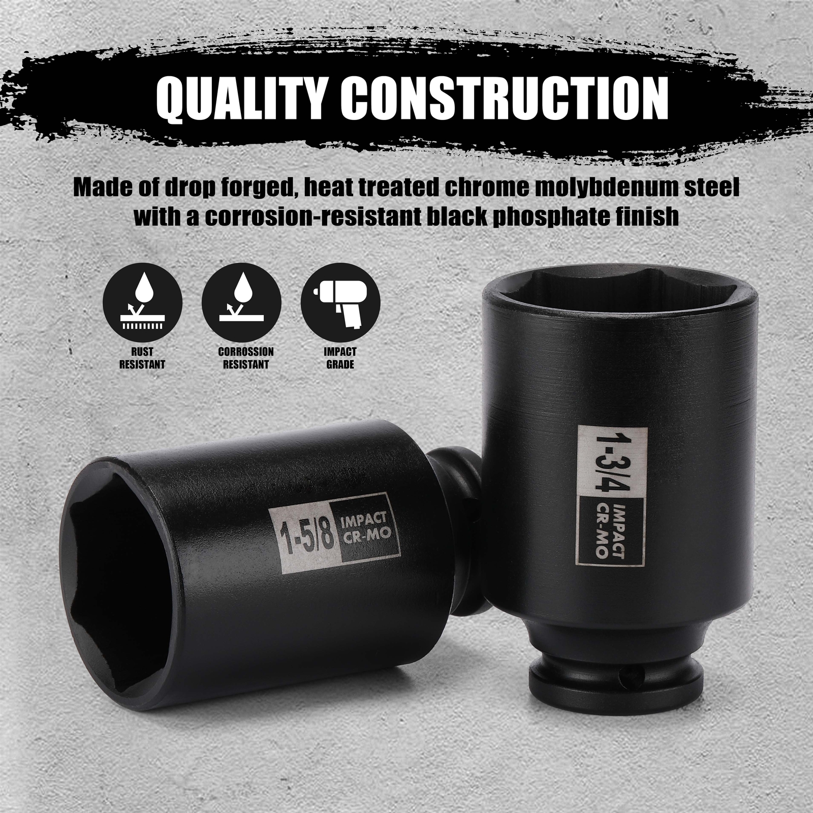 8PCS 1/2″Dr. Deep Impact Socket Set-SAE, 1-9/16″ to 2″, 6-Point CR-MO