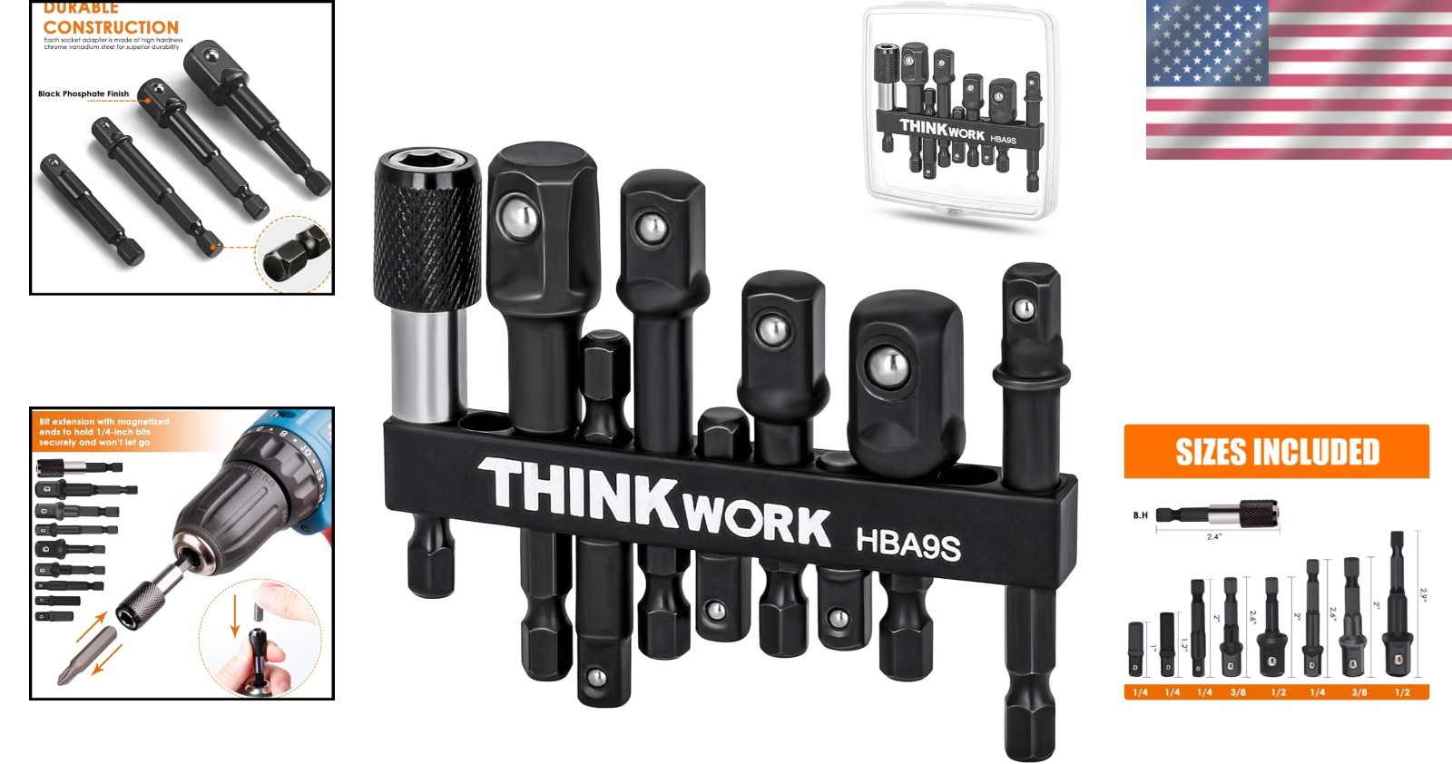 Quality 9-Piece Hex Shank Impact Socket Adapter Set 1/4