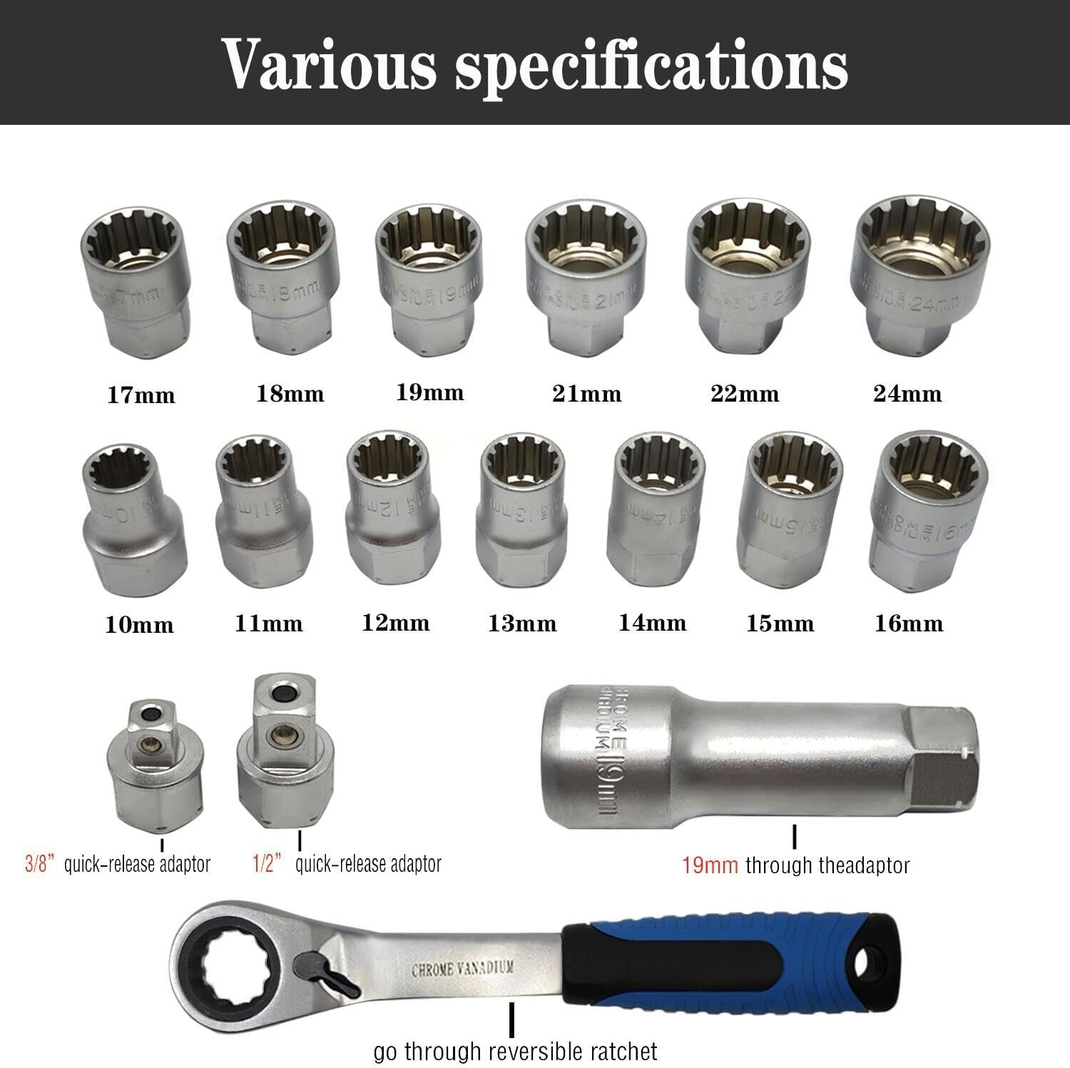 Pass Through Socket Set Go Thru Ratchet Wrench Tool for Hex Square E-Torx Spline