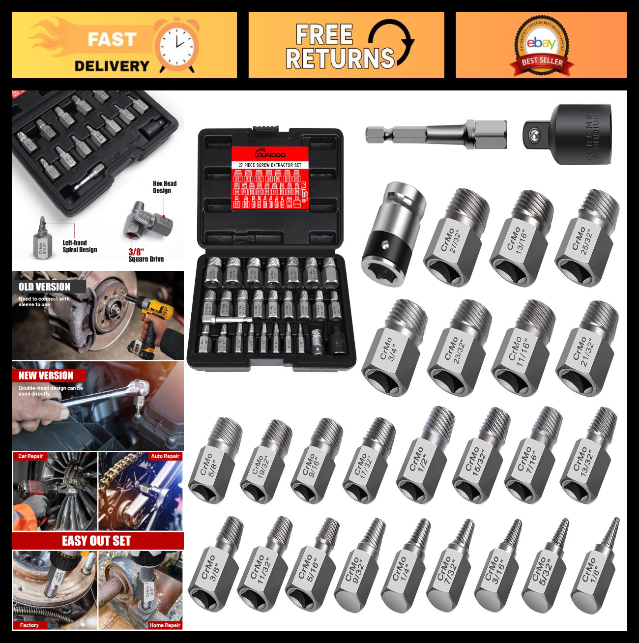 27Pcs Screw Extractor Set – Easy Out Bolt Extractor Kit for Stripped, Damaged Sc