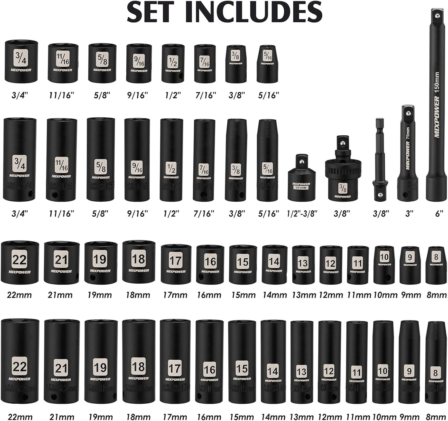 Professional 3/8» Drive Impact Socket Set, 49 Pieces, Cr-V Steel & Metric Sizes