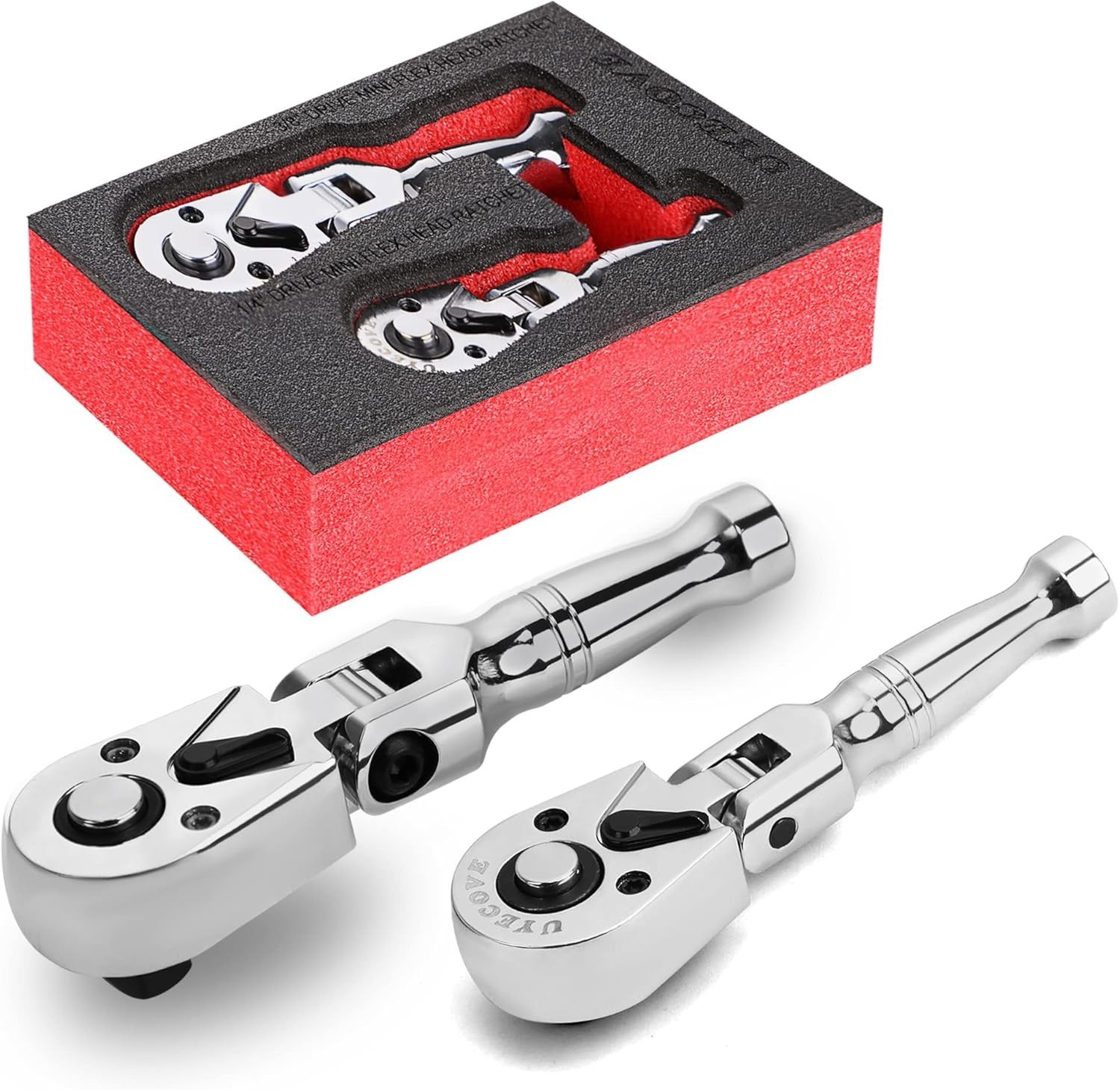 2-Piece 1/4″ & 3/8″ Drive Stubby Ratchet Set – Flexible Head Ergonomic Design