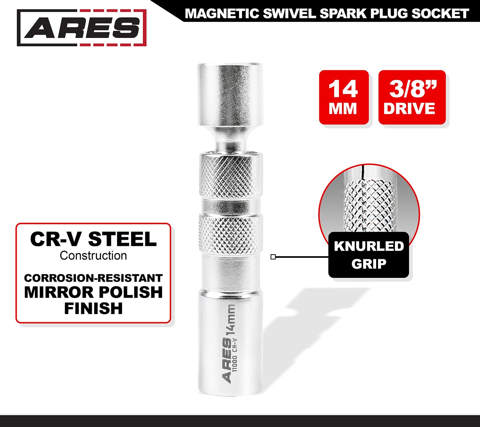 ARES 11000-14mm Thin Wall Magnetic Swivel 14mm Spark Plug Socket