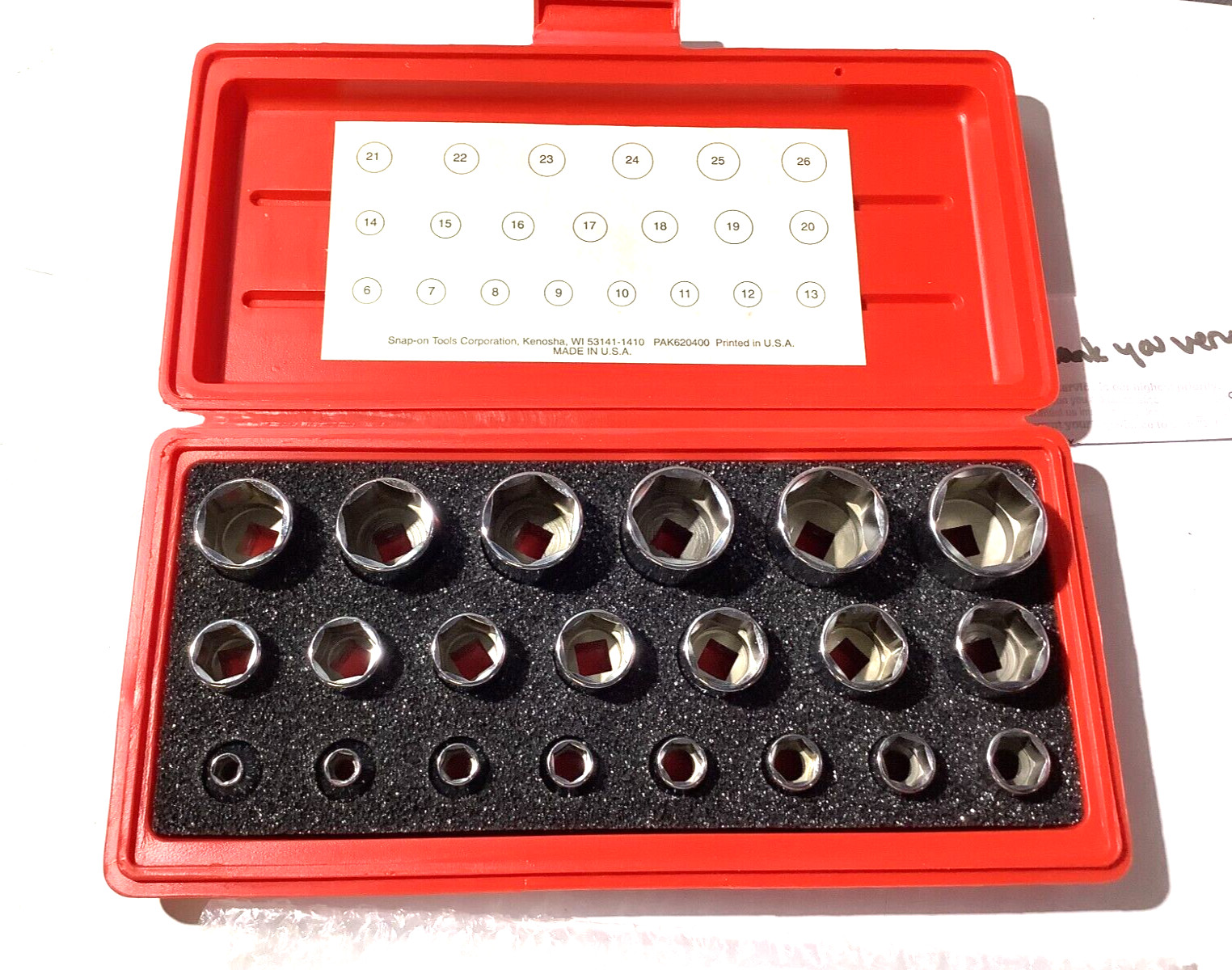 New Nos Snap-on™ 3/8″ drive 6 thru 26 mm 21-pc 6-point Shallow Socket Set