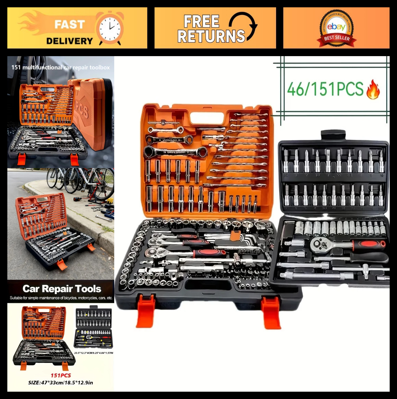 150/46pcs Socket Tool Set – Durable Chrome Vanadium Steel, Ratchet Wrenches, Aut