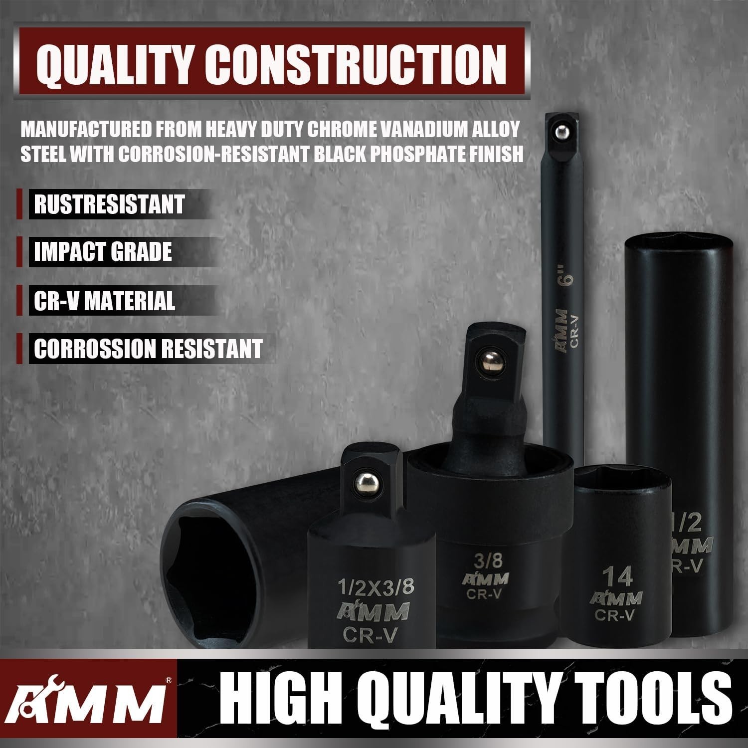3/8 Drive Impact Socket Set 48-Piece Standard SAE (5/16 to 3/4 inch)