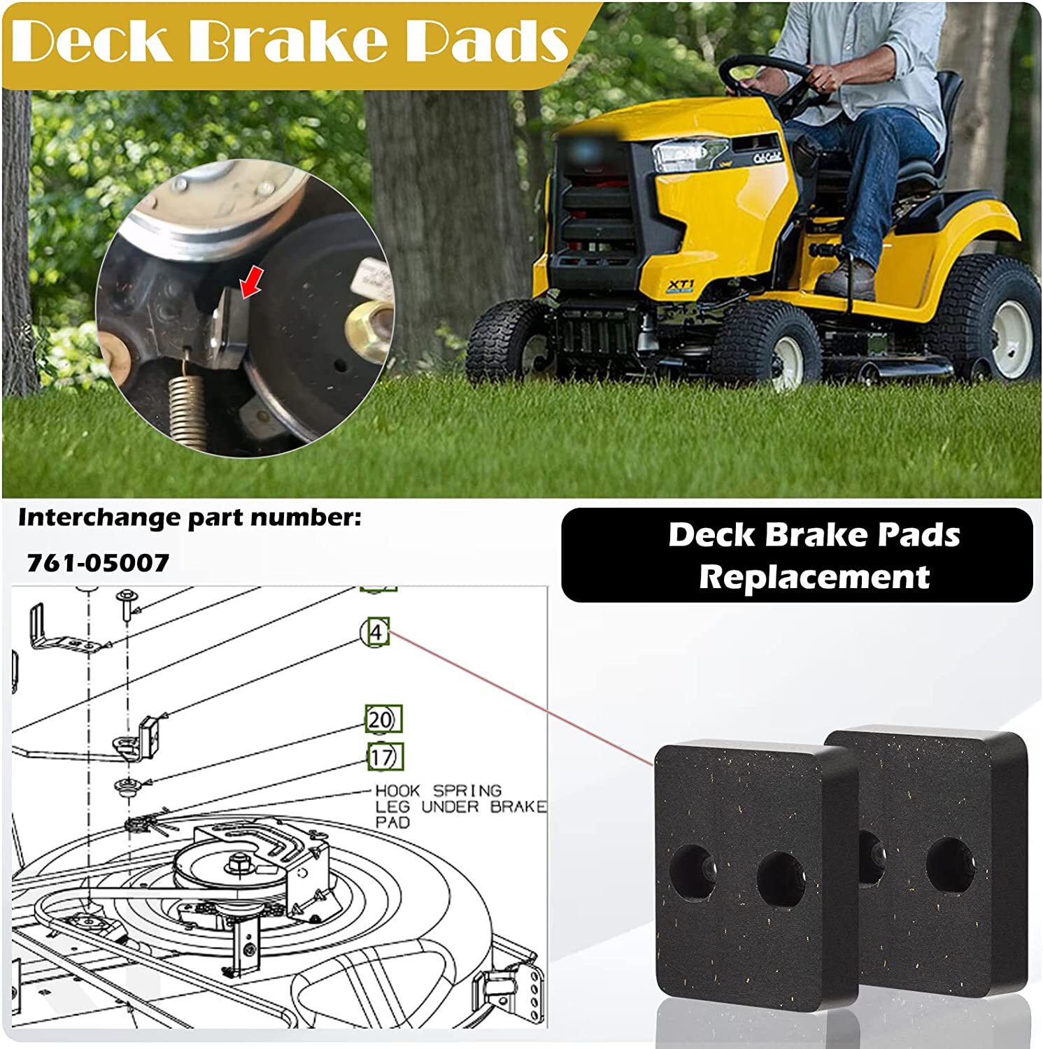 (2pcs)761-05007 Deck Brake Pad for Cub Cadet XT1-LT42/LT42 C,XT1-LT46, XT2-LX42,