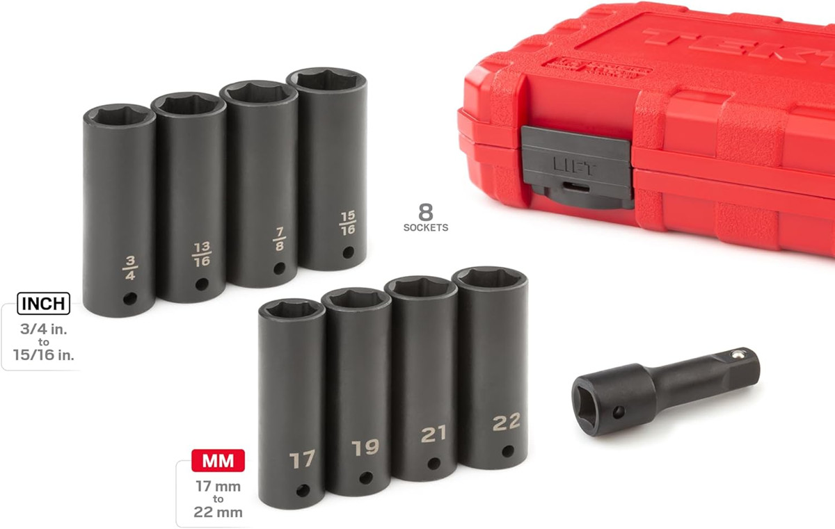 TEKTON 1/2 Inch Drive Deep Impact Lug Nut Socket Set with Case, 9-Piece
