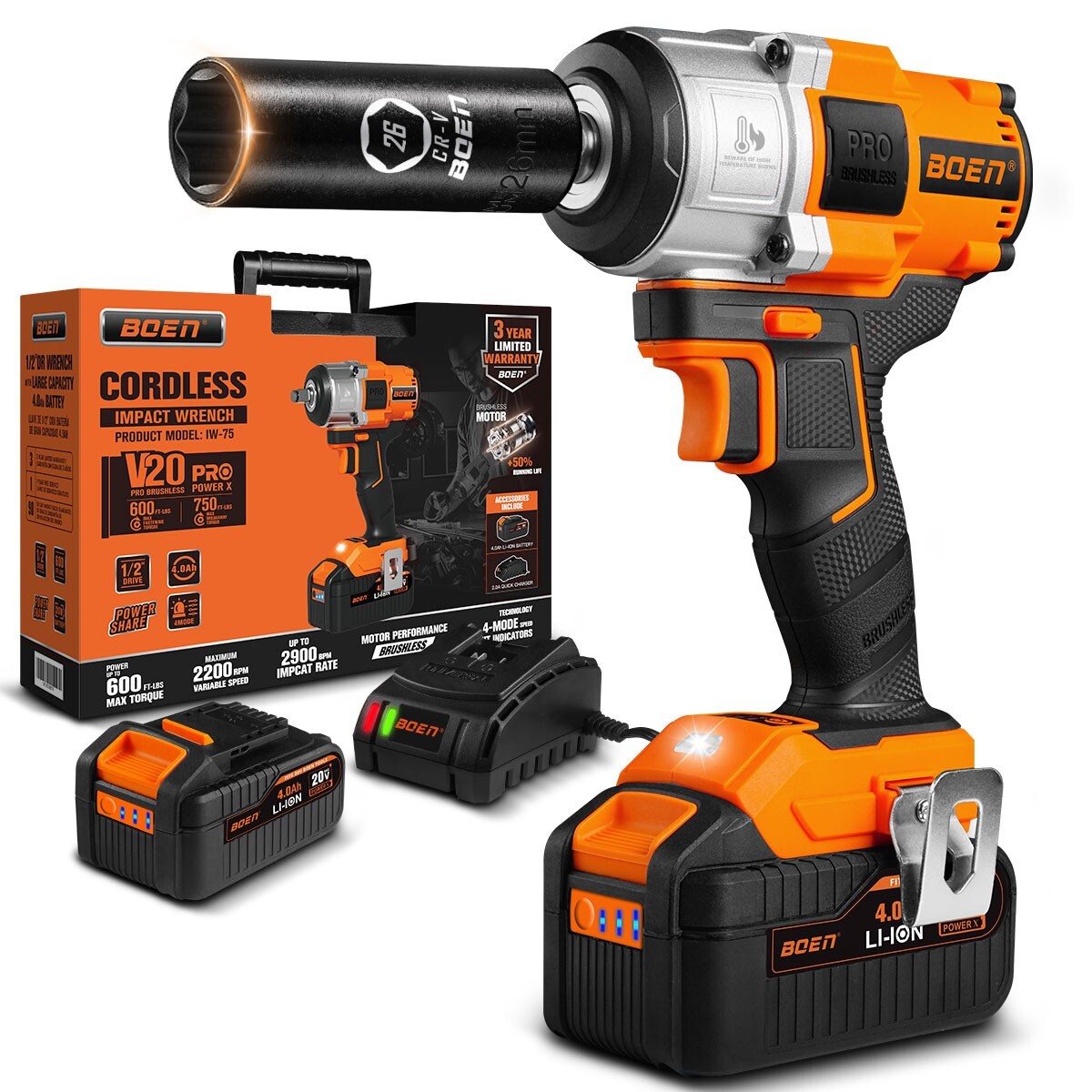 Boen Impact Wrench 1/2″ Brushless Electric, With 35 Pcs Impact Socket Set,IW75