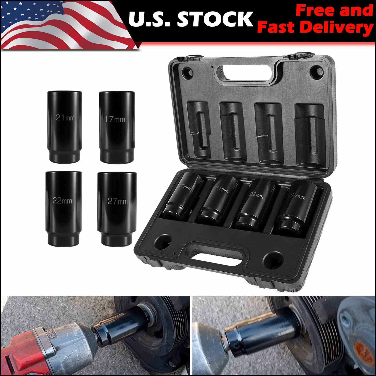 Crank Bolt Socket Set 17MM 21MM 22MM 27MM Heavy Duty 1/2 Drive Impact Socket Set