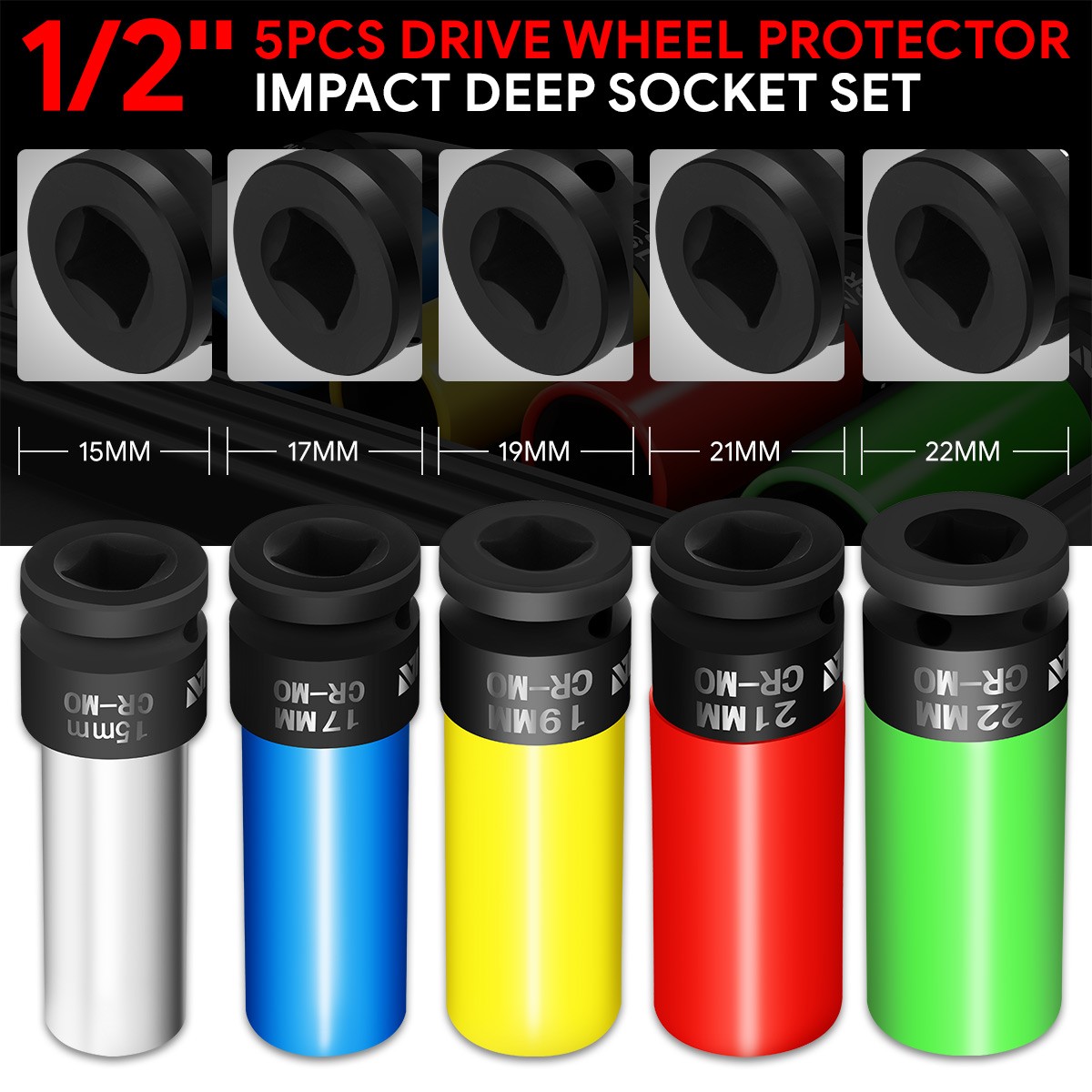 5Pcs 1/2″ Drive Deep Impact Wheel Protector Lug Nut Bolt Socket Set w/Carry Case