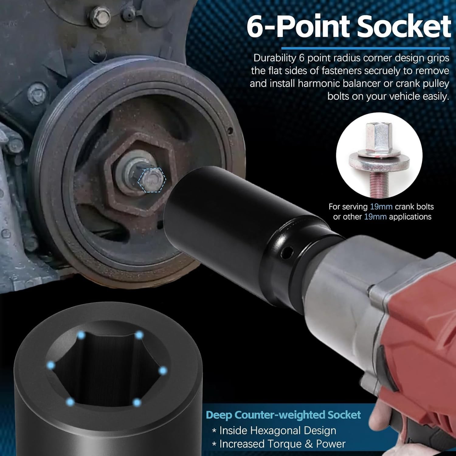 19mm Harmonic Balancer Impact Socket Pulley Damper Bolt Tool for Honda Engines