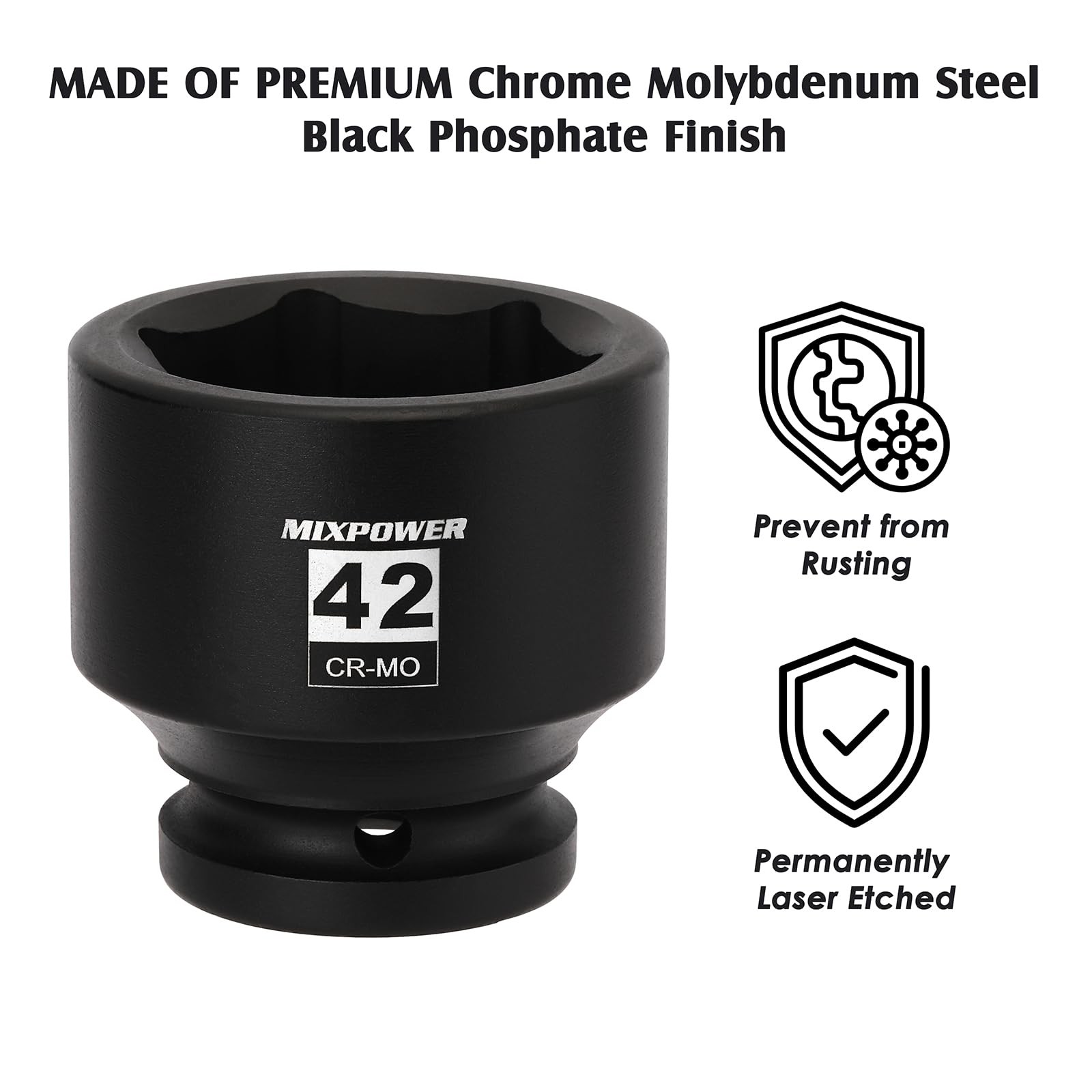 MIXPOWER 3/4″ Drive Shallow Impact Socket, 42mm, CR-MO, Metric, 42mm