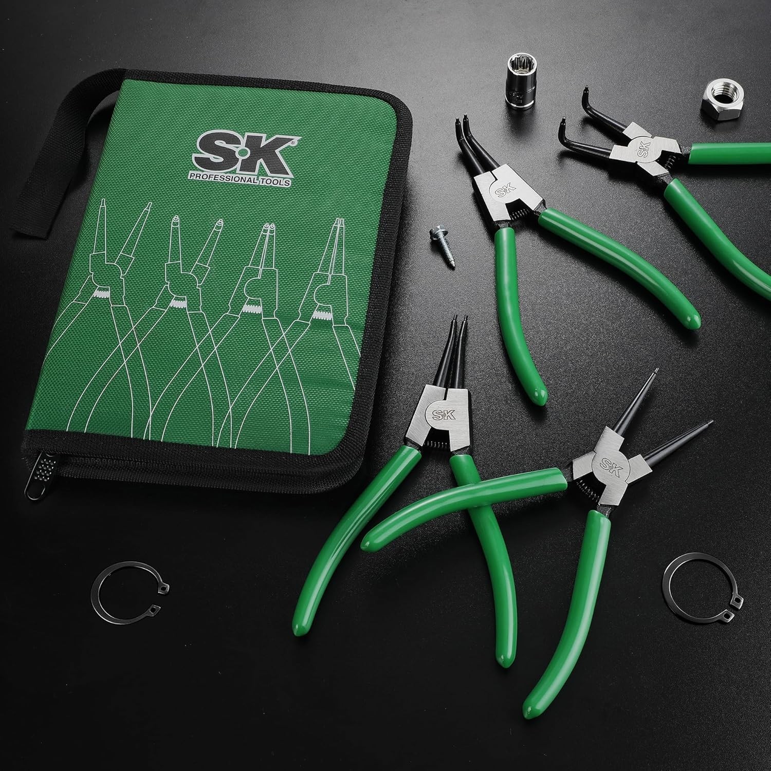 SK 4PCS Snap Ring Pliers Set, 7» Internal/External Circlip Pliers, CR-V Steel