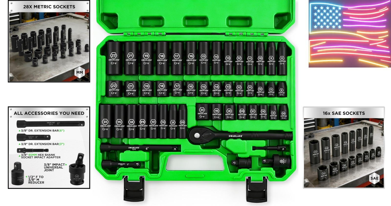 SWANLAKE 3/8» Drive Impact Socket Set, 50-Piece Standard SAE 5/16 to 3/4 inc…