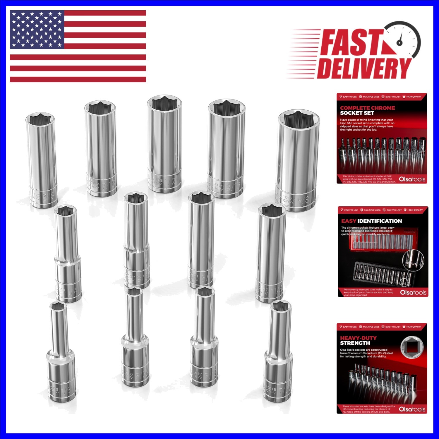 Comprehensive 13pc SAE Deep Socket Set – Polished Chrome, No Skipped Sizes