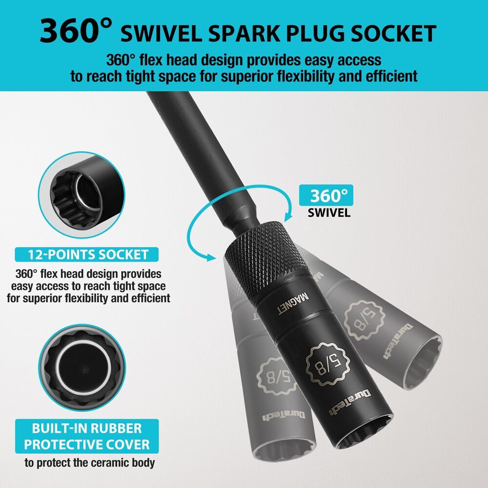 DURATECH 5/8″ Swivel Magnetic Spark Plug Sockets 1MM Thin Walls 3/8″ Drive x 10″
