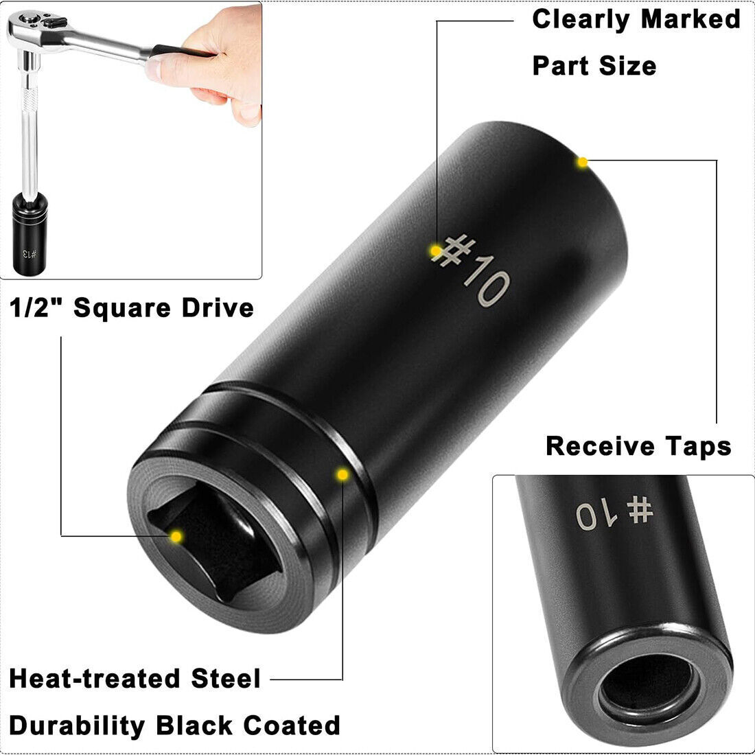5Pcs Black 71670 Large Tap Socket Set Fits 5/8″, 11/16″, 3/4″, 7/8″ & 1″ Taps