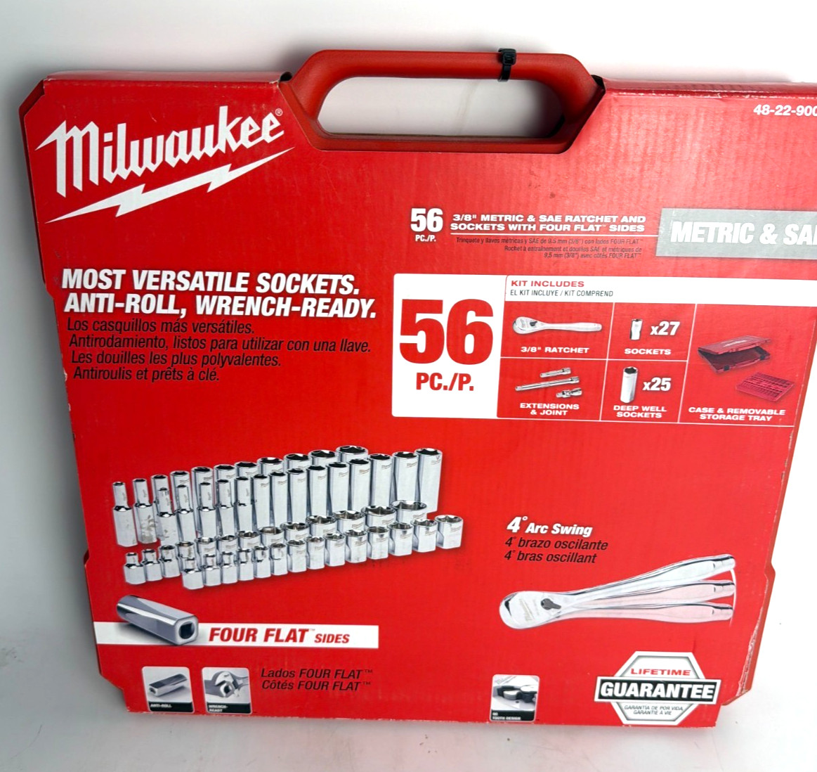 [NEW] (48-22-9008) Milwaukee 3/8″ Drive 56pc Ratchet & Socket Set with FOUR FLAT