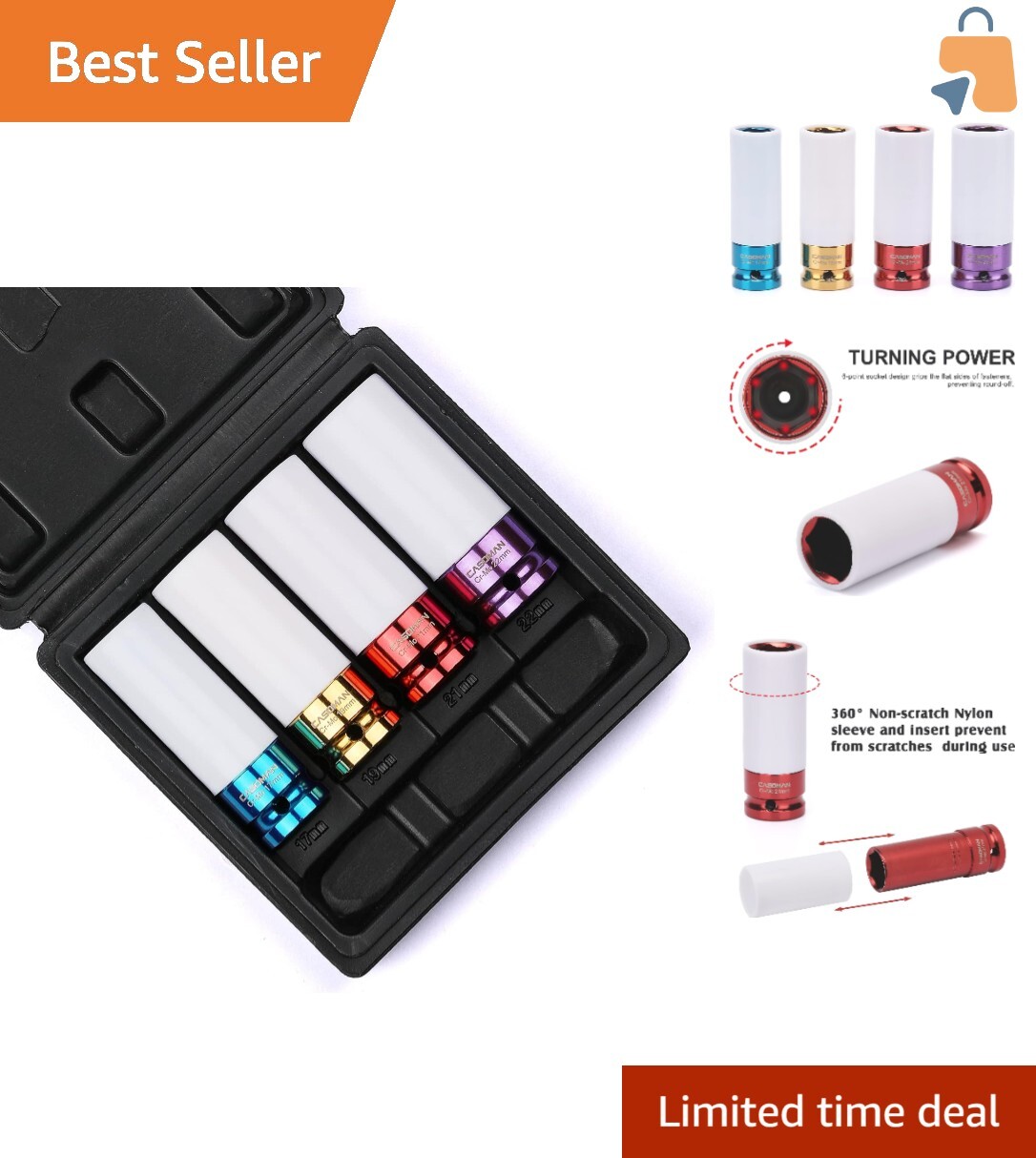 Color-Coded 1/2-Inch Drive Impact Socket Set with Blow-Molded Case, 4 Pieces