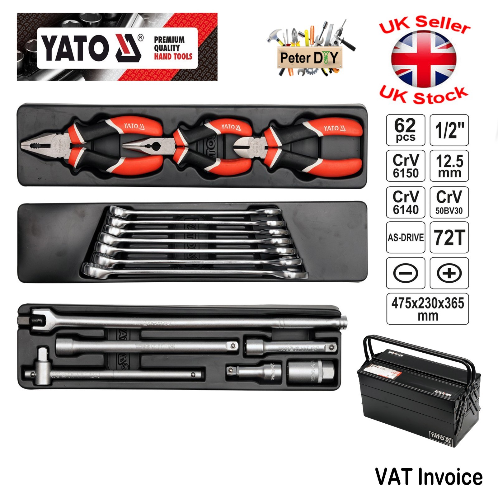 Yato Professional 62 pcs 1/2 Ratchet Socket Set Tools Box Case Toolbox YT-3895