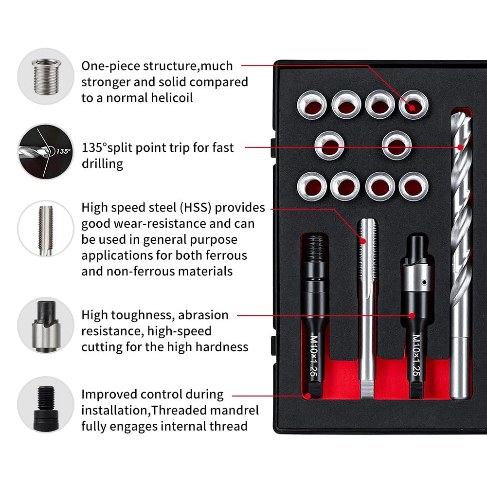10 PCS M10x1.25 Thread Repair Kit 14mm Insert HSS Drill Tap Counterbore