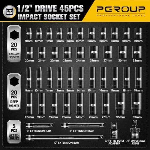 45PCS 1/2″ Drive Metric Impact Socket Set, Deep & Shallow Sockets, 9-32mm, Chrom