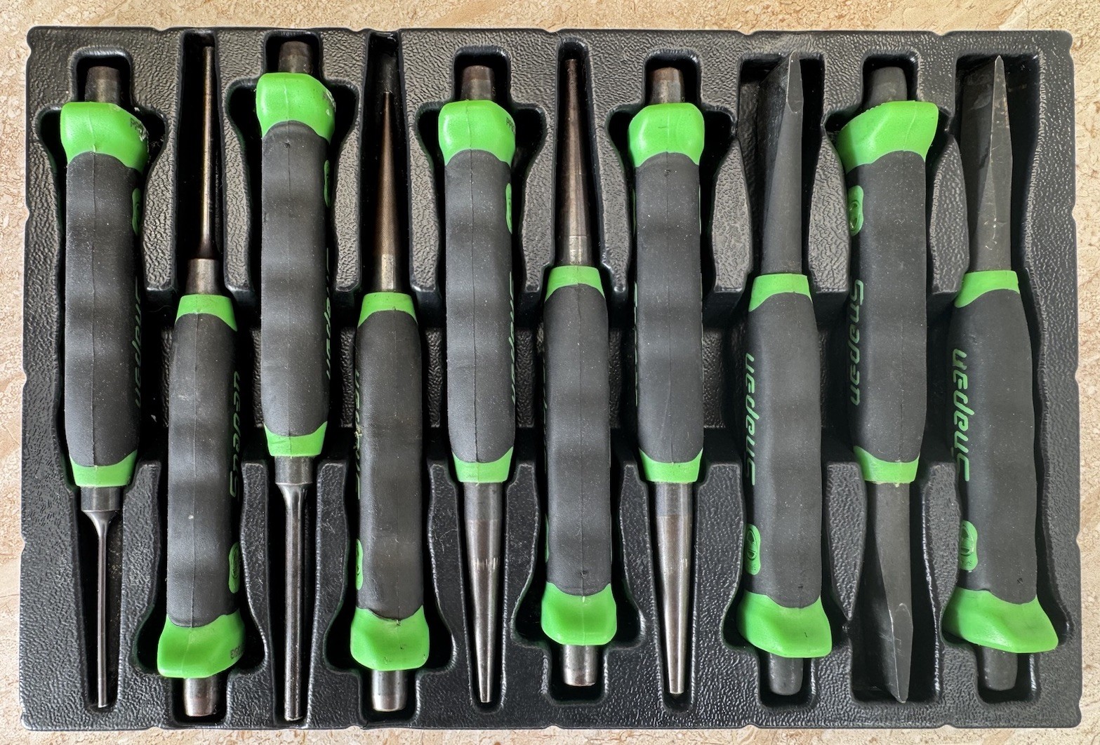 New Snap On Tools 10-Piece Soft Grip Punch And Chisel Set PPCSG710G Green
