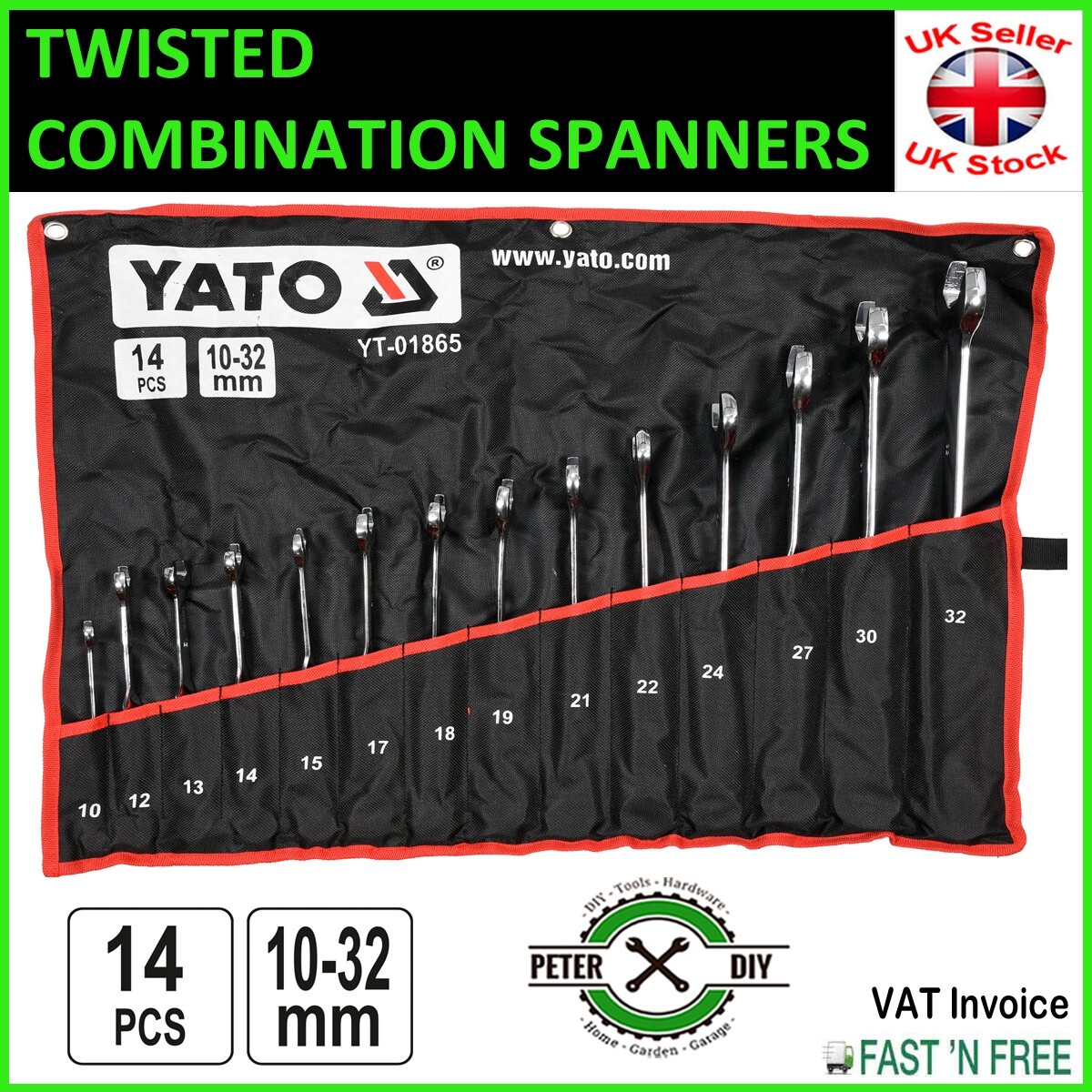 TWISTED COMBINATION SPANNERS 14 Pcs Sizes 10-32mm Spanner Yato YT-01865