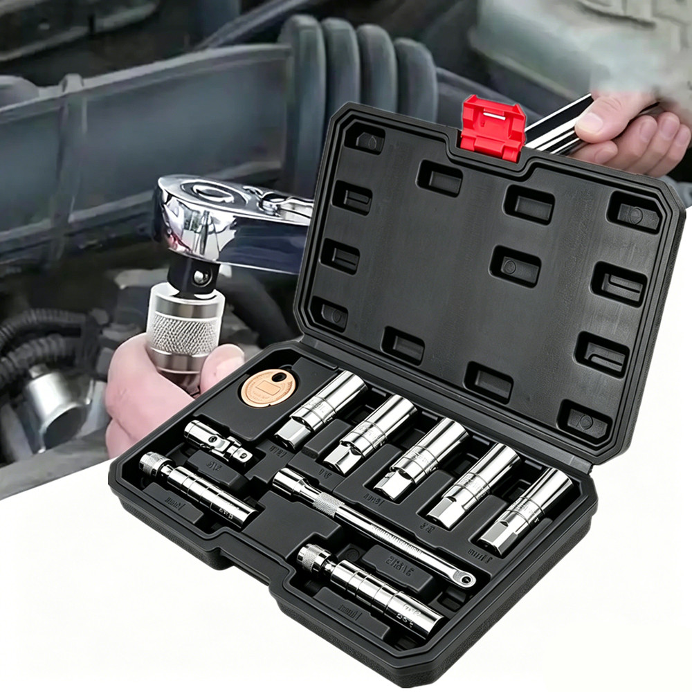 10PCS 3/8″Drive Magnetic Spark Plug Socket Set 6PT&12PT Extension Bar CR-V Steel