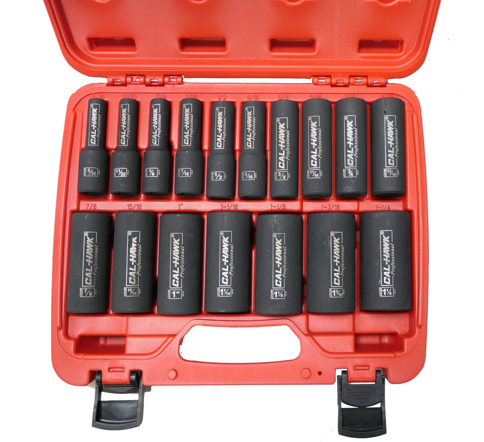 17PC CAL HAWK 1/2″ Dr. 6 POINT SAE Deep Impact Sockets Chrome Vanadium CRV Set