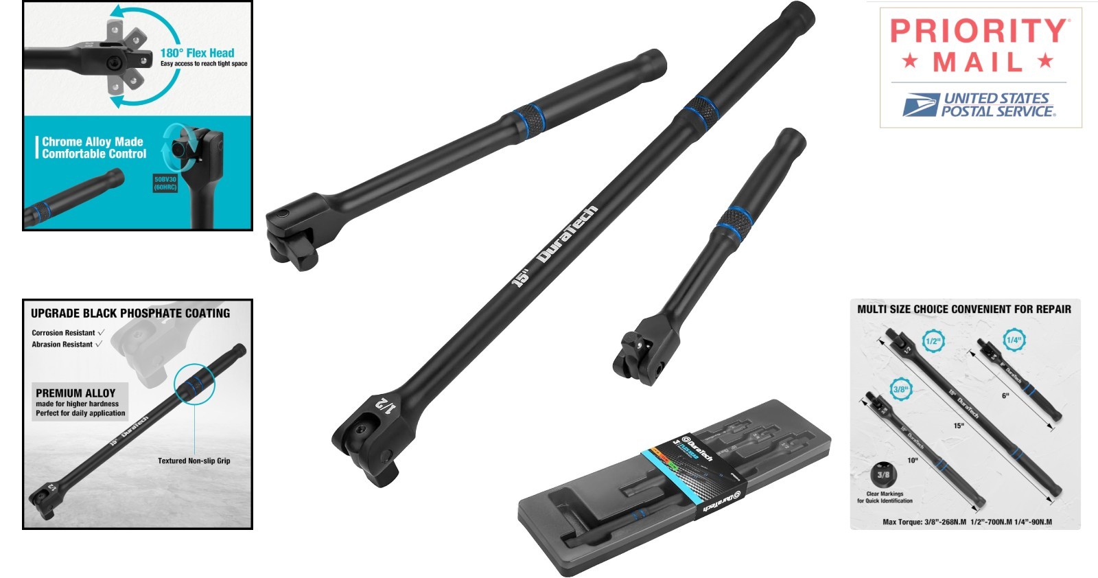 3PCS Breaker Bar Set 180 Degree Rotatable Head 15cm 25cm 38cm Length Alloy Steel