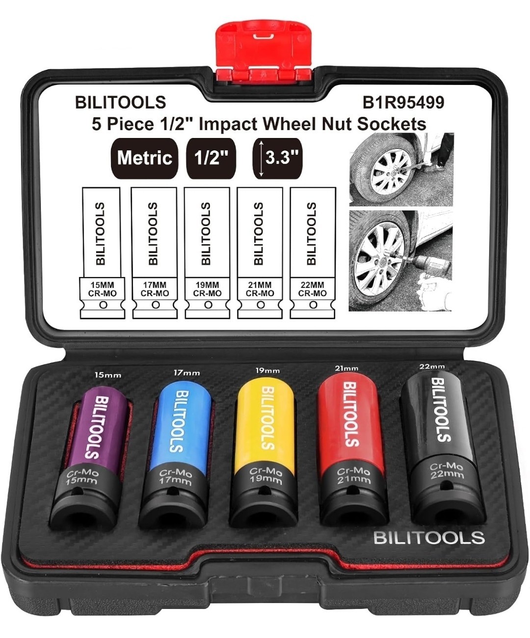 BILITOOLS 1/2 inch Drive Impact Lug Nut Socket Set, 15 17 19 21 22 MM
